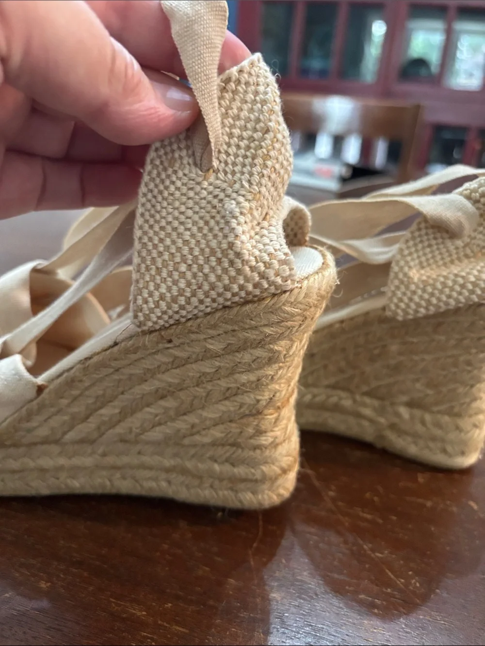 Jeffrey Campbell Beige Canvas Espadrille Wedges with Ankle Tie